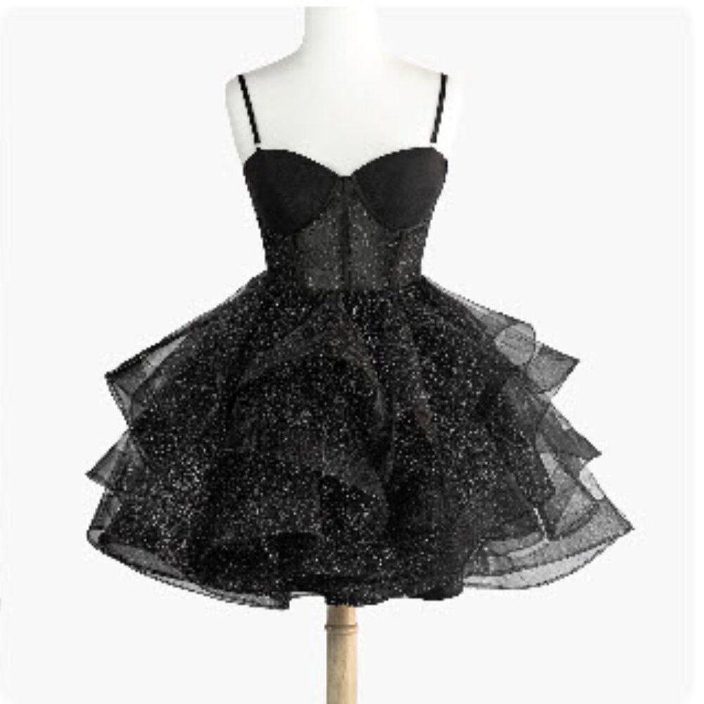 NWT Spaghetti Straps Sweetheart Short Mini Organza Black Prom Dress
